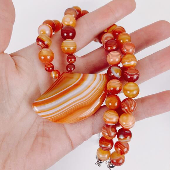 Signed Jay King DTR Agate Gemstone Pendant Necklace Orange White Sterling Silver - Picture 2 of 16